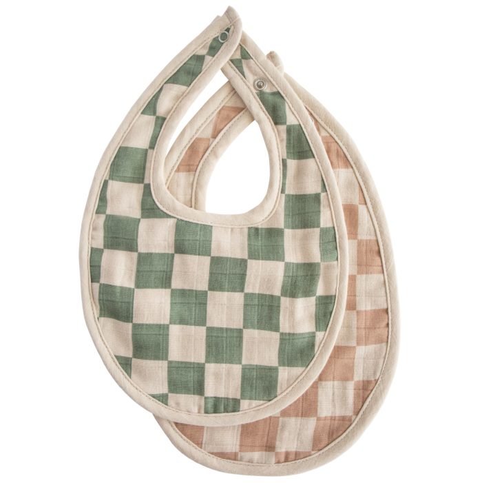 Mushie - Muslin Bibs (2pack) - Olive Check/Natural Check