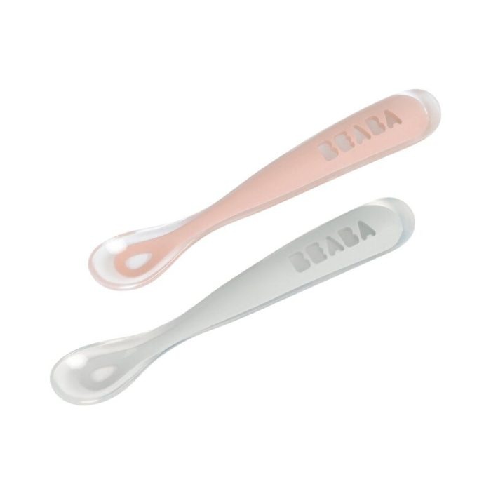 Béaba - Set van 2 Silicone Babylepels + opbergdoosje - Grey/Pink