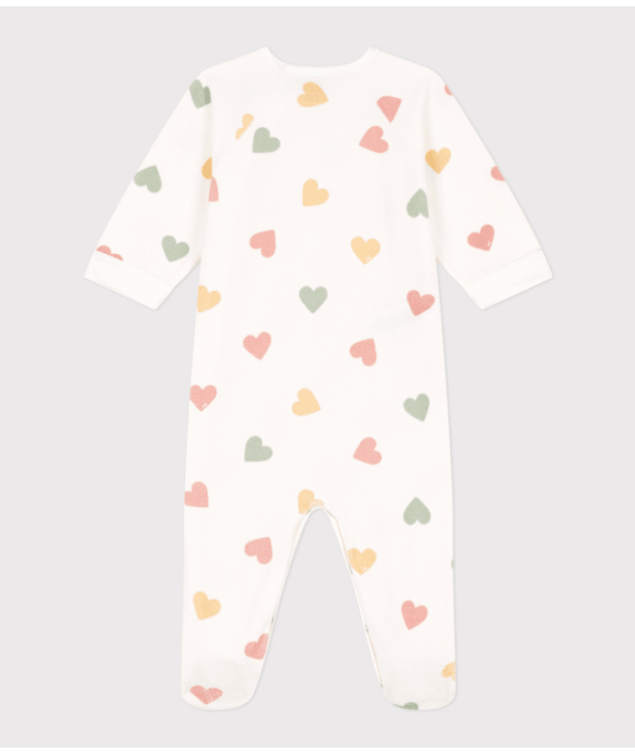 Petit Bateau - Fluwelen babypyjama met meerkleurige hartjesprint - Marshmallow/Multicolor