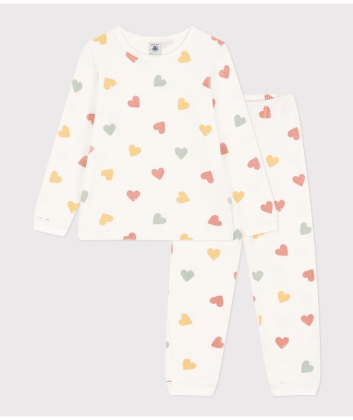 Petit Bateau - Fluwelen meisjespyjama met hart - Marshmallow/Multicolor